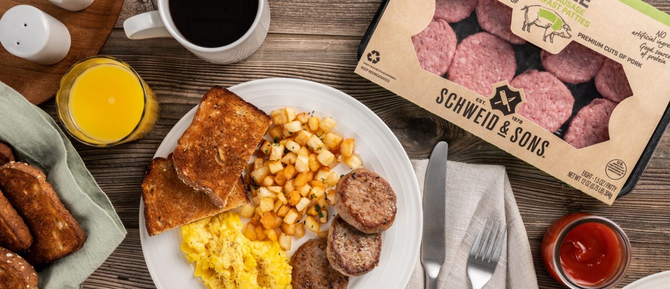 Apple Pork Sausage Breakfast Patties plated with Eggs and Toast