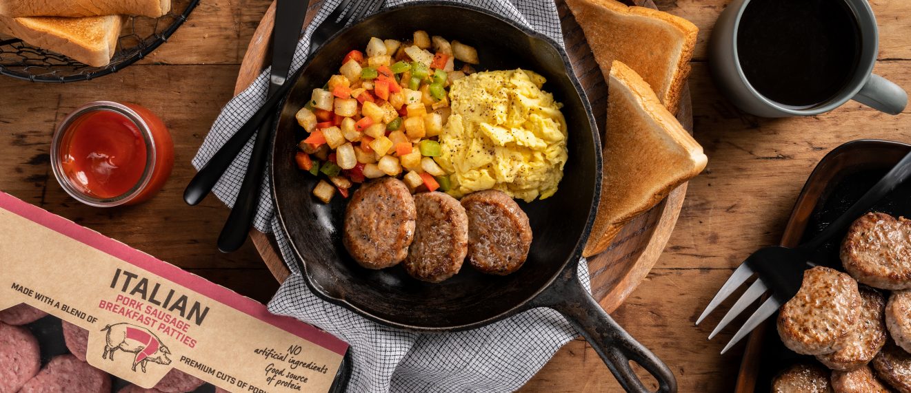Italian Pork Sausage Patties Packaging and Sausage Patties in Skillet
